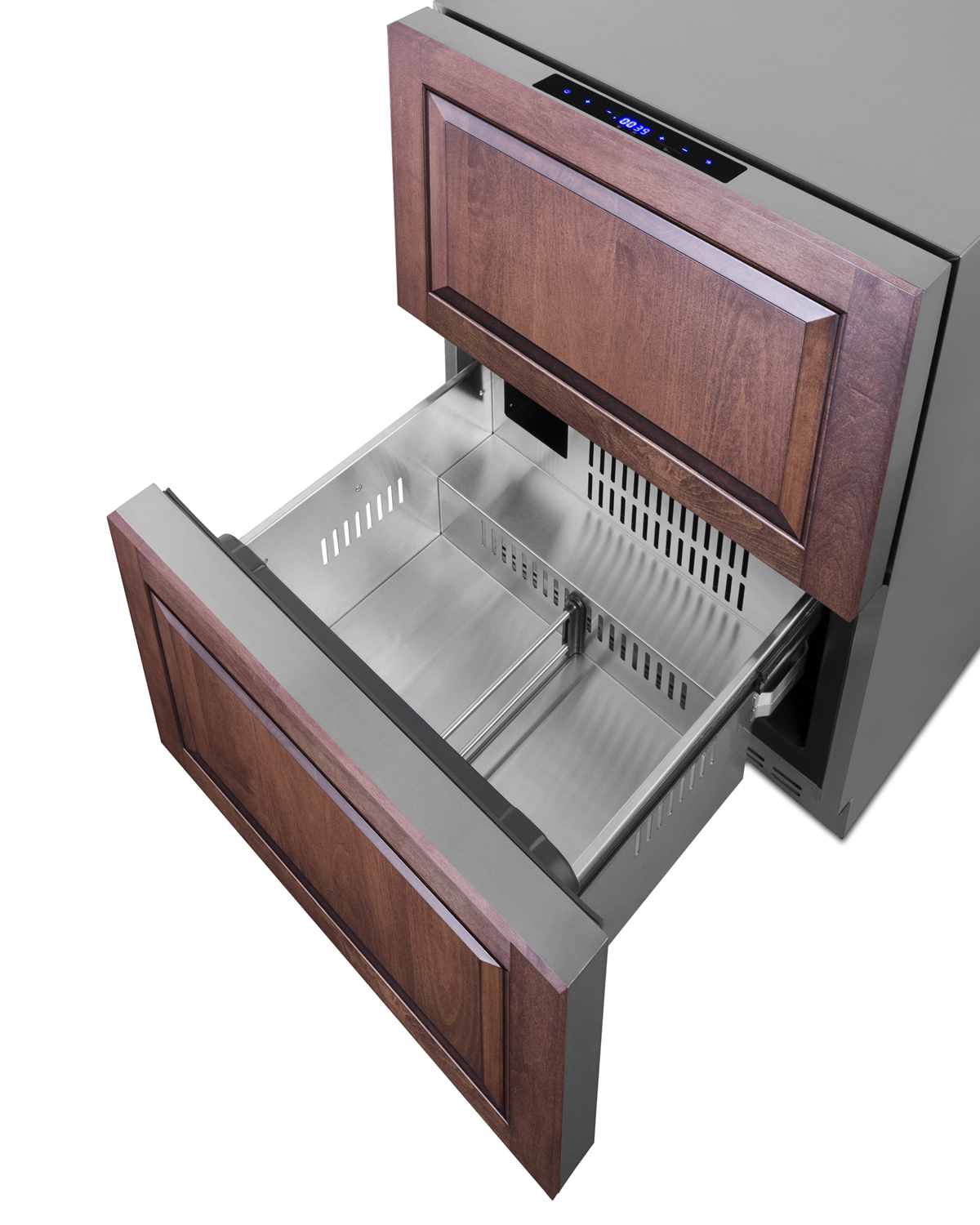 Commercially approved two-drawer refrigerator-freezer for built-in or freestanding use, with digital thermostat, frost-free operation, panel-ready drawer fronts, and complete stainless steel construction